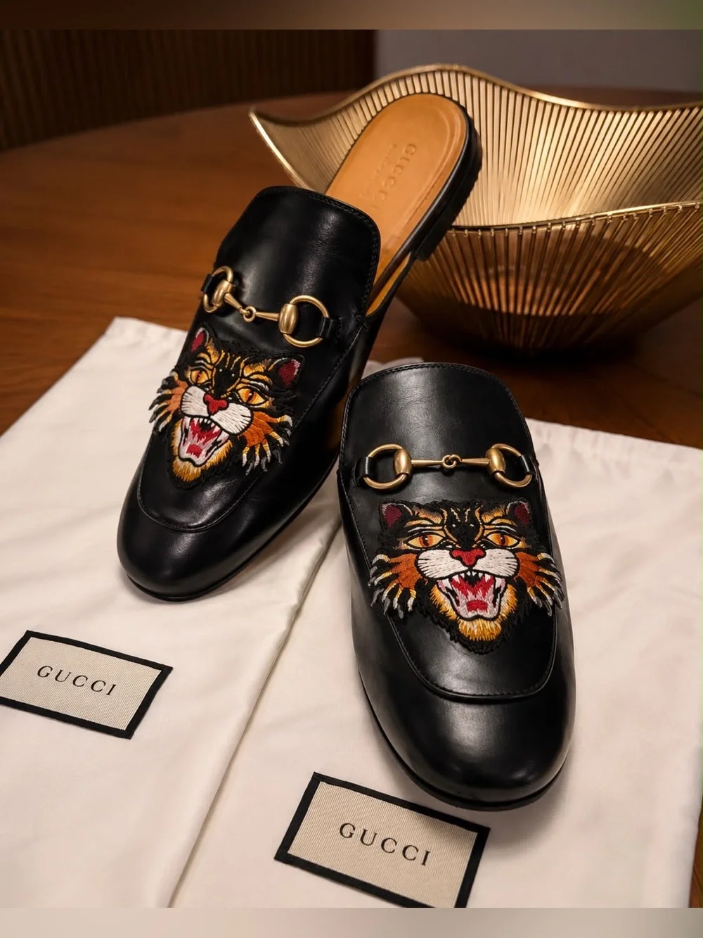 Authentic Gucci Princetown Tiger Embroidered Leather Mules Horsebit